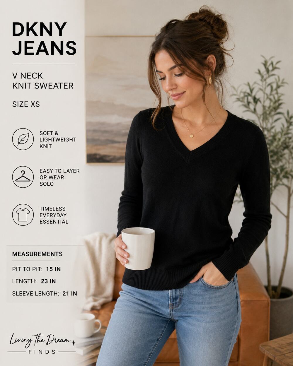 DKNY Jeans Women's Black V Neck Knit Sweater Long Sleeve XS
